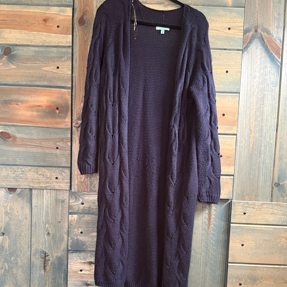 Long Cable Knit Open Cardigan in Navy with pockets